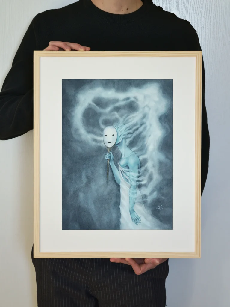 Masque - Aquarelle sur papier - 30 x 40 cm - Encadré tenu en mains