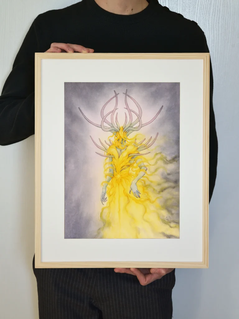 Roi en Jaune - Aquarelle sur papier - 30 x 40 cm - Encadré tenu en mains