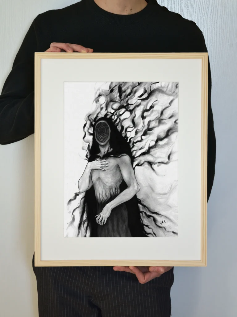 Appel du Vide - Encre noire sur papier - 30 x 40 cm - Encadré tenu en mains