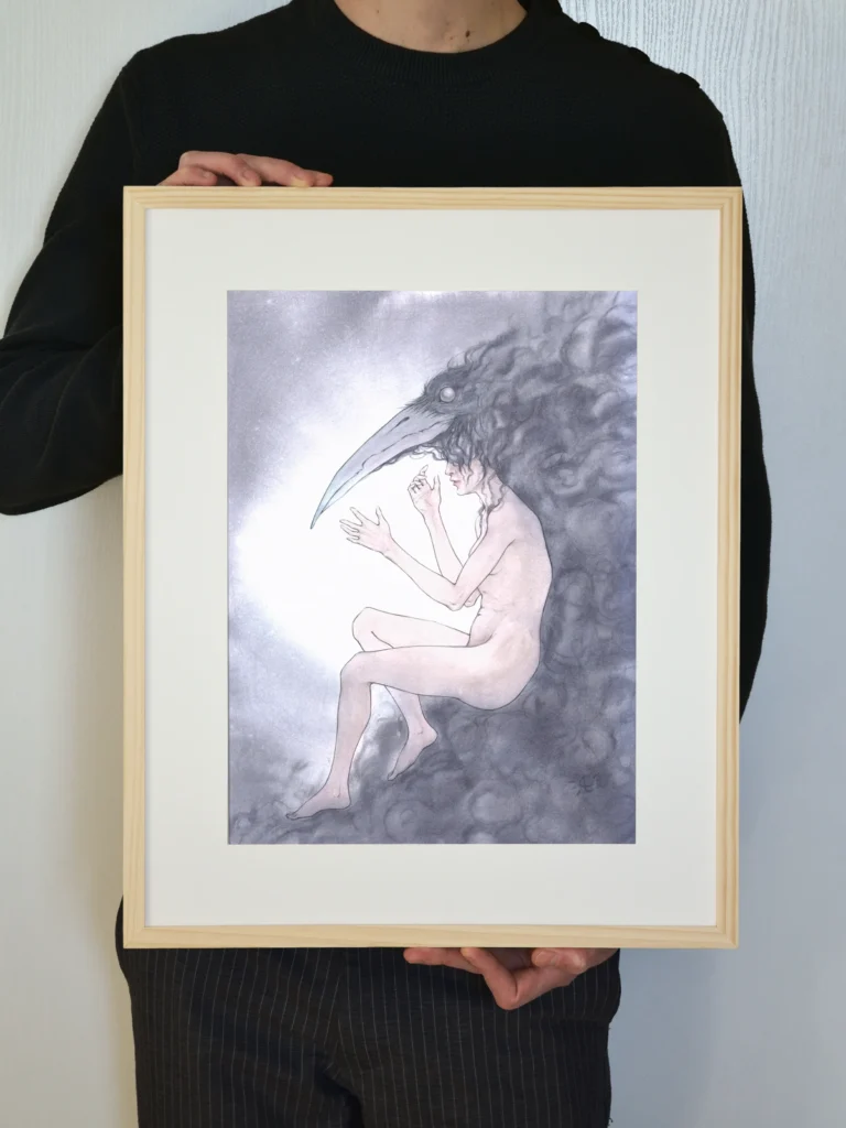 Eveillée - Aquarelle et crayon sur papier - 30 x 40 cm - Encadré tenu en mains